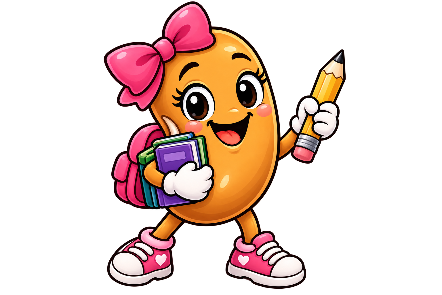 Bean Girl with her books and pencil, ready to learn
