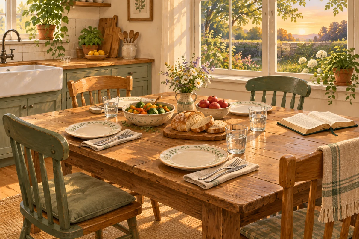 A welcoming family dinner table with a shared meal and an open Bible nearby